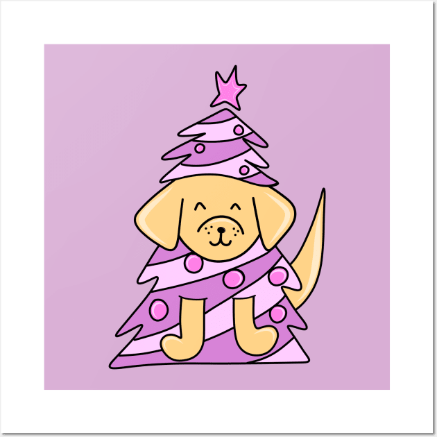 Cute Dog in a Pink Christmas Tree with Ornaments, made by EndlessEmporium Wall Art by EndlessEmporium